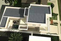 planta projeto casa 200m2 térrea mezanino fachada moderna quadrada telhado escondido terreno 10×25 pe direito alto condomínio terras são bento