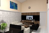 projeto interiores decoração sala living tv pé direito alto teto inclinado casa condomínio Roland