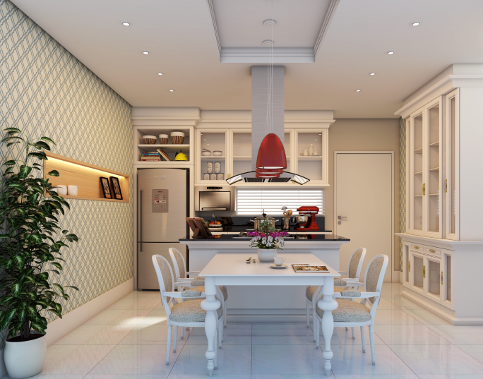 projeto decoração design interiores estilo classico padrao americano em apartamento no Guarujá praia pitangueiras cozinha neoclássica alto padrao