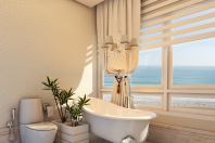 projeto decoração design interiores estilo classico padrao americano em apartamento no Guarujá praia pitangueiras banheiro casal suite master banheira imersão vista para o mar