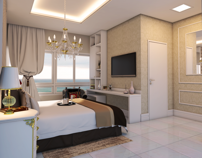 projeto decoração design interiores estilo classico padrao americano em apartamento no Guarujá praia pitangueiras quarto casal suite master alto padrão luxo