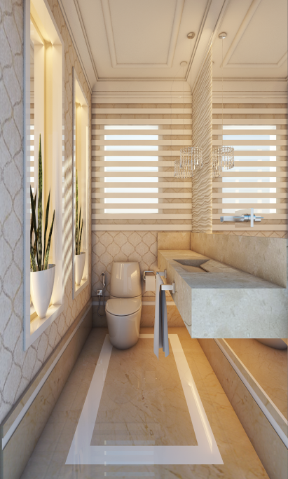 projeto decoração design interiores estilo classico padrao americano em apartamento no Guarujá praia pitangueiras banheiro lavabo vista para o mar