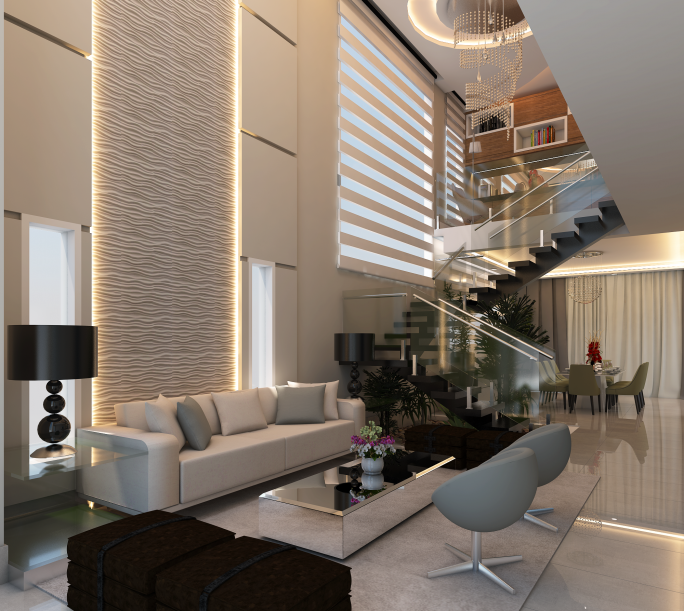 projeto decoração design interior casa sobrado alto padrão sala living visitas pé direito alto duplo