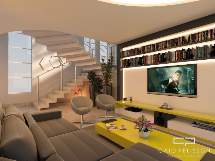 projeto decoração design interiores ambiente campinas swiss park home theater integrado escada