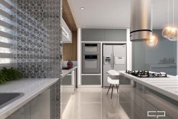 Cozinha em apartamento compacto, com bancada branca e armários fendi.