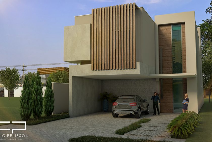 Casa contemporânea utilizando volumes na fachada com elementos como a madeira e o concreto. Terreno 12×30.