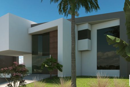 projeto casa futurista arquitetura modernista contemporanea fachada volumes reto garagem subsolo terreno declive condominio modern house
