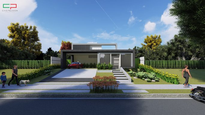 projeto casa terrea moderna caixote fachada reta alphaville campinas terreno aclive 15x30