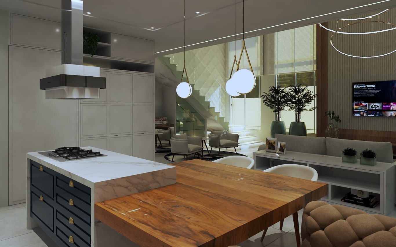 Bancada de Mármore e Luminárias Douradas em uma Cozinha Estilo Neoclássica