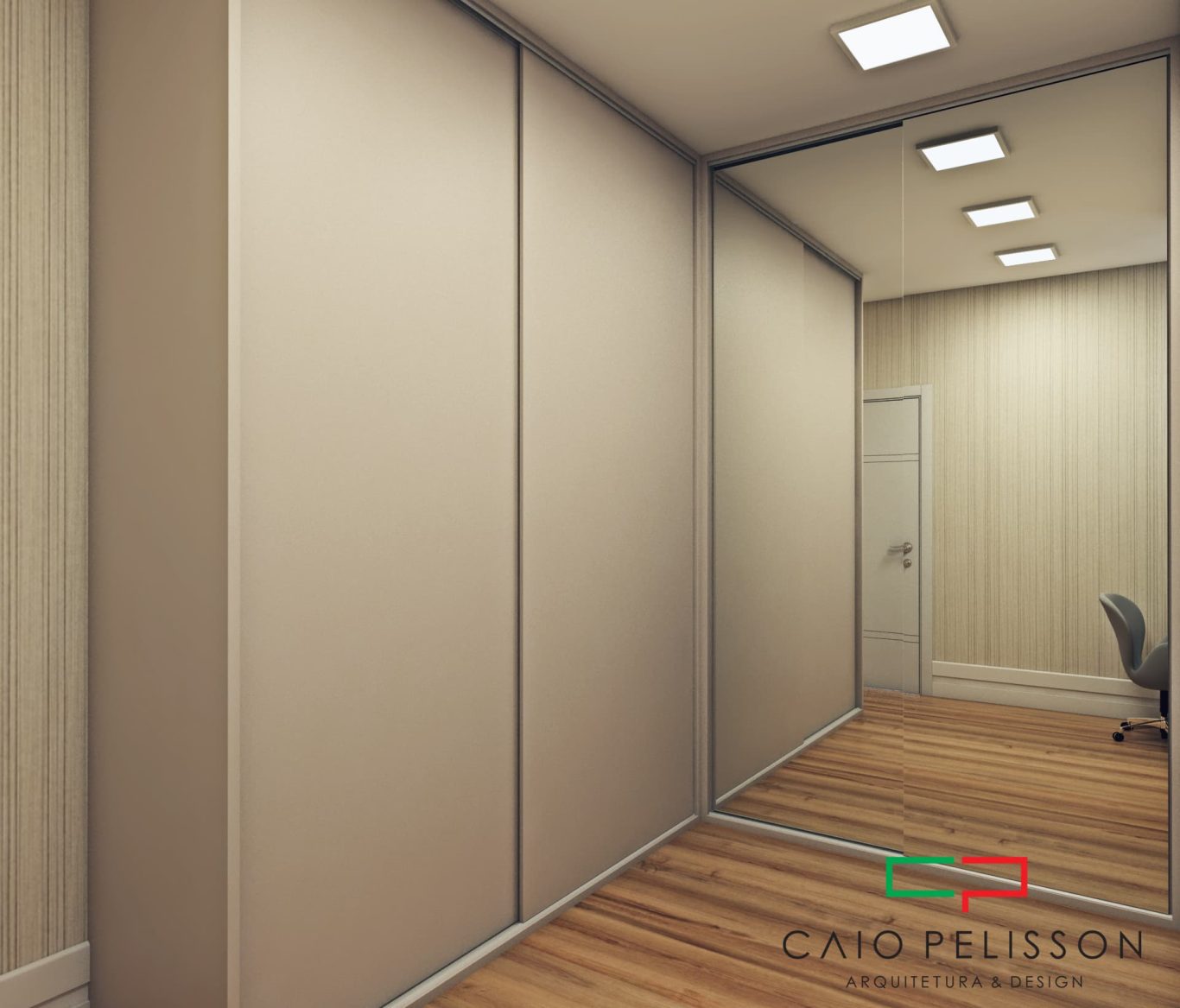 Closet Clássico com Espelho Grande e Armários Brancos