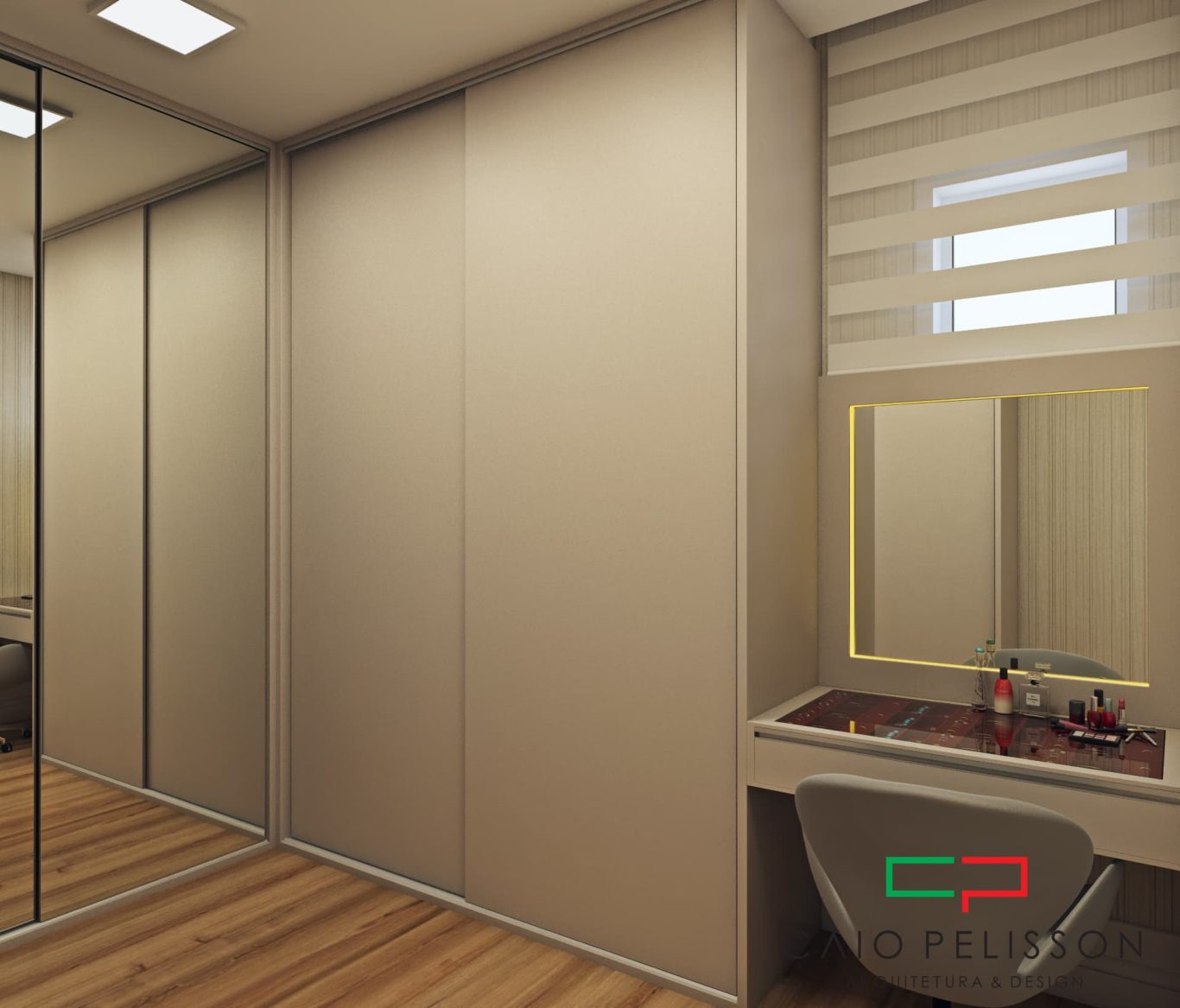 Closet Clássico com Espelho Grande e Armários Brancos