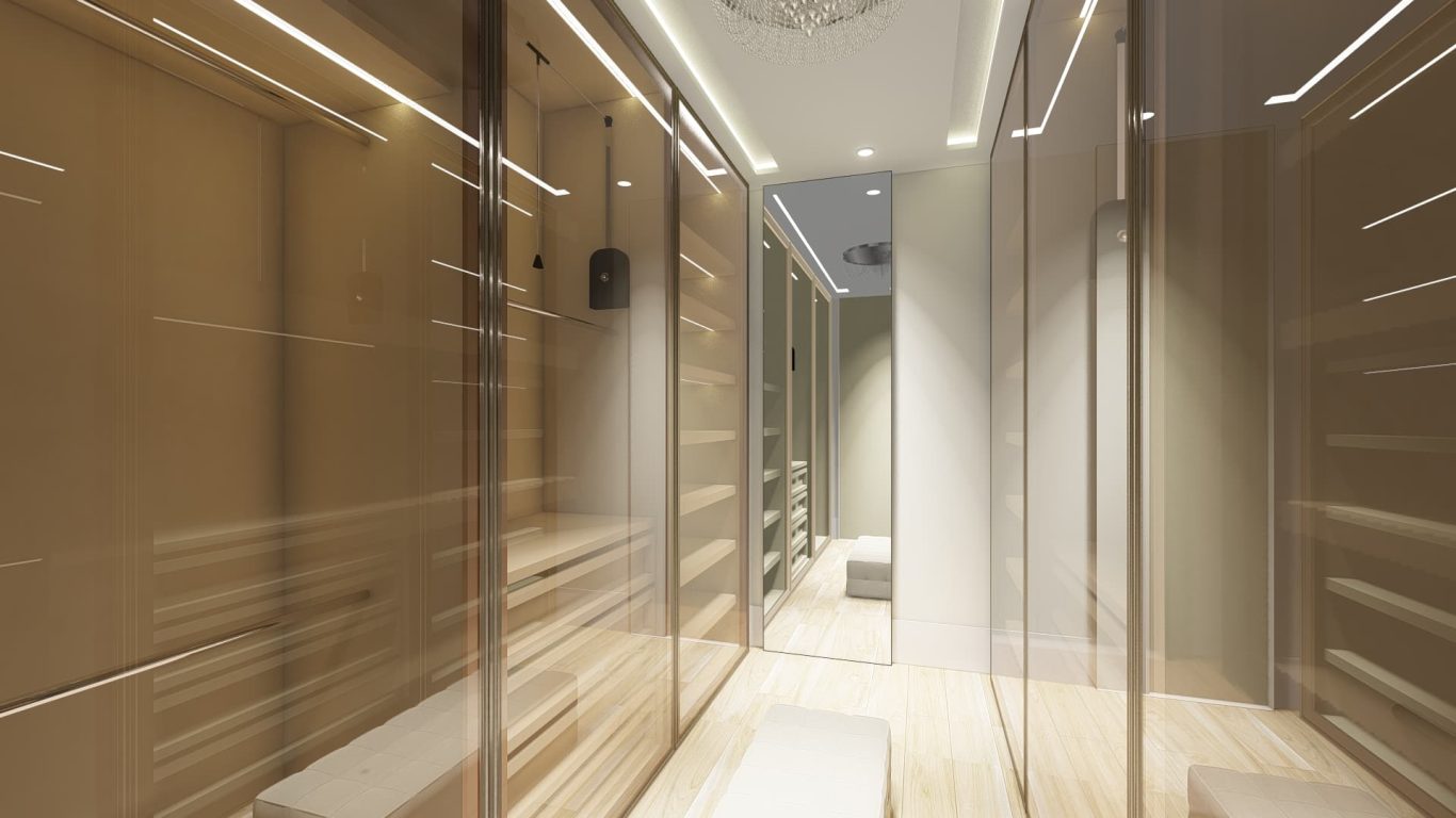 Closet Clássico com Portas de Vidro e Puxadores em Metal