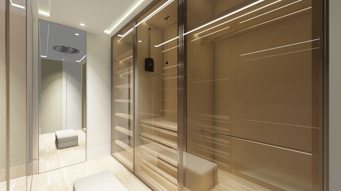 Closet Clássico com Portas de Vidro e Puxadores em Metal