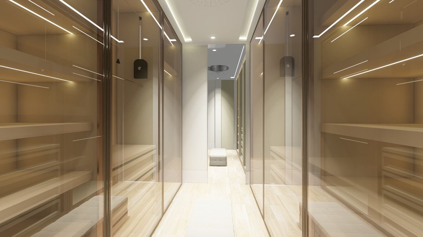 Closet Clássico com Portas de Vidro e Puxadores em Metal