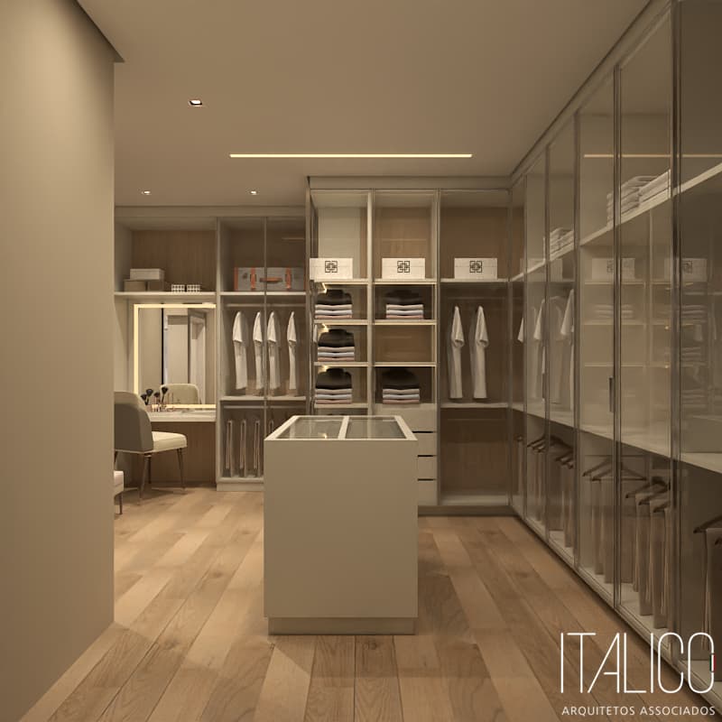 Closet com Portas de Vidro e Detalhes Metálicos Prata