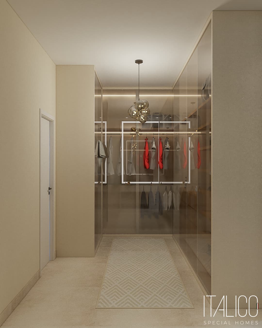 Closet com Portas de Vidro e Luminária Bronze