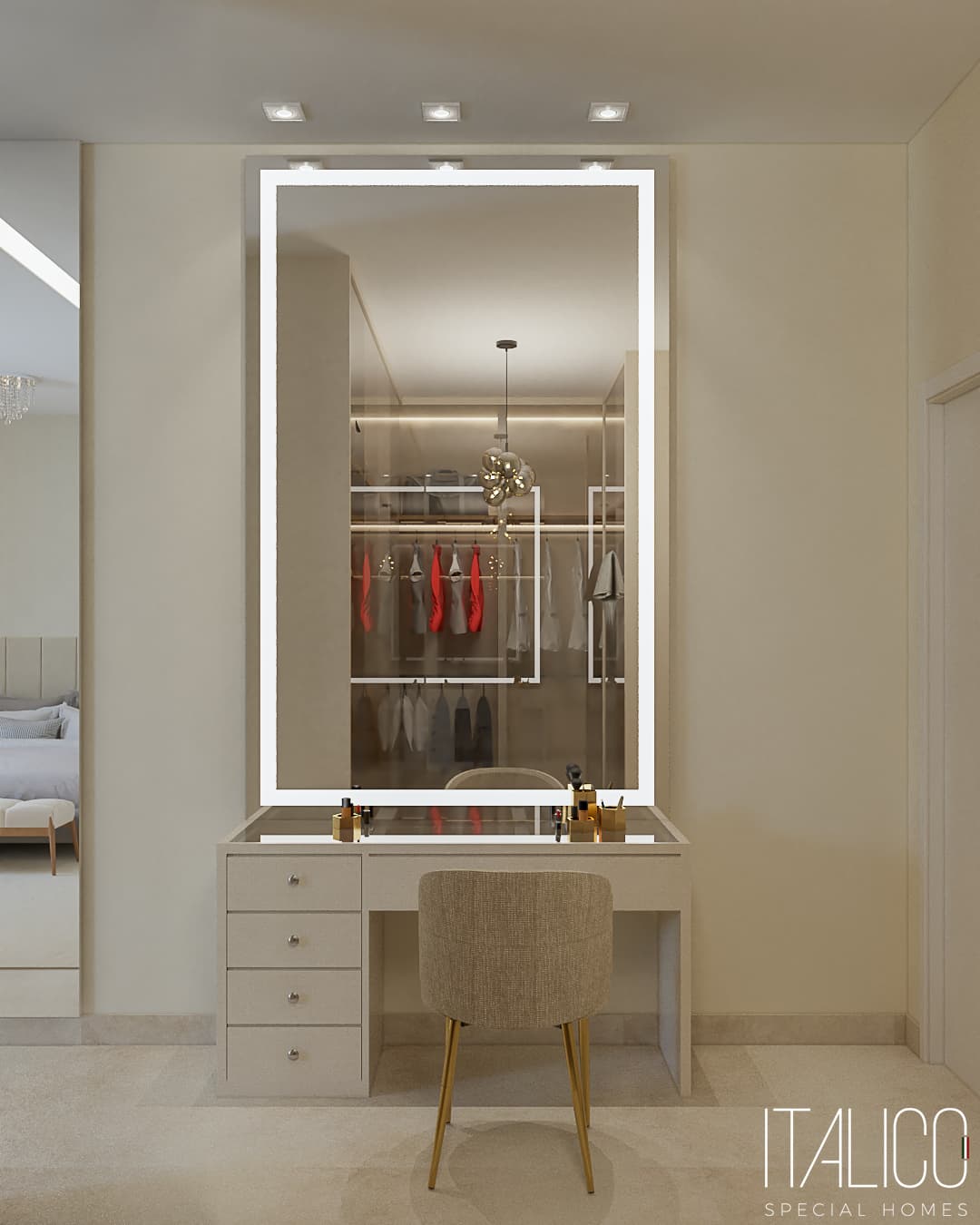 Closet com Portas de Vidro e Luminária Bronze