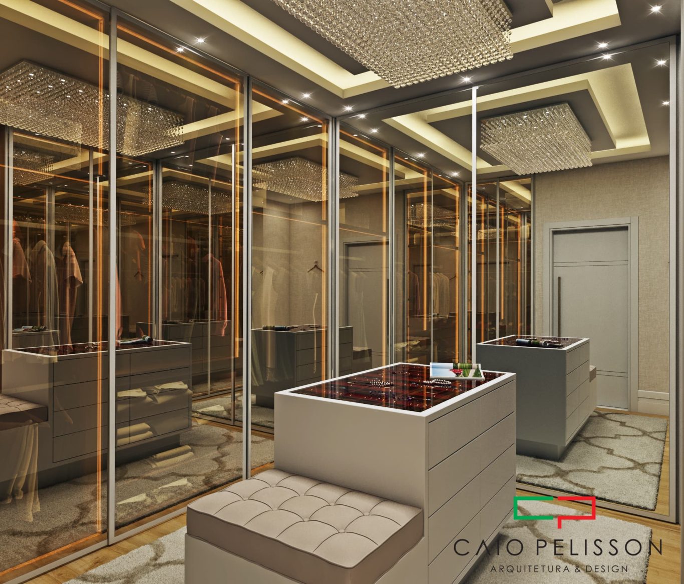 Closet Elegante com Portas de Vidro e Bancada Central