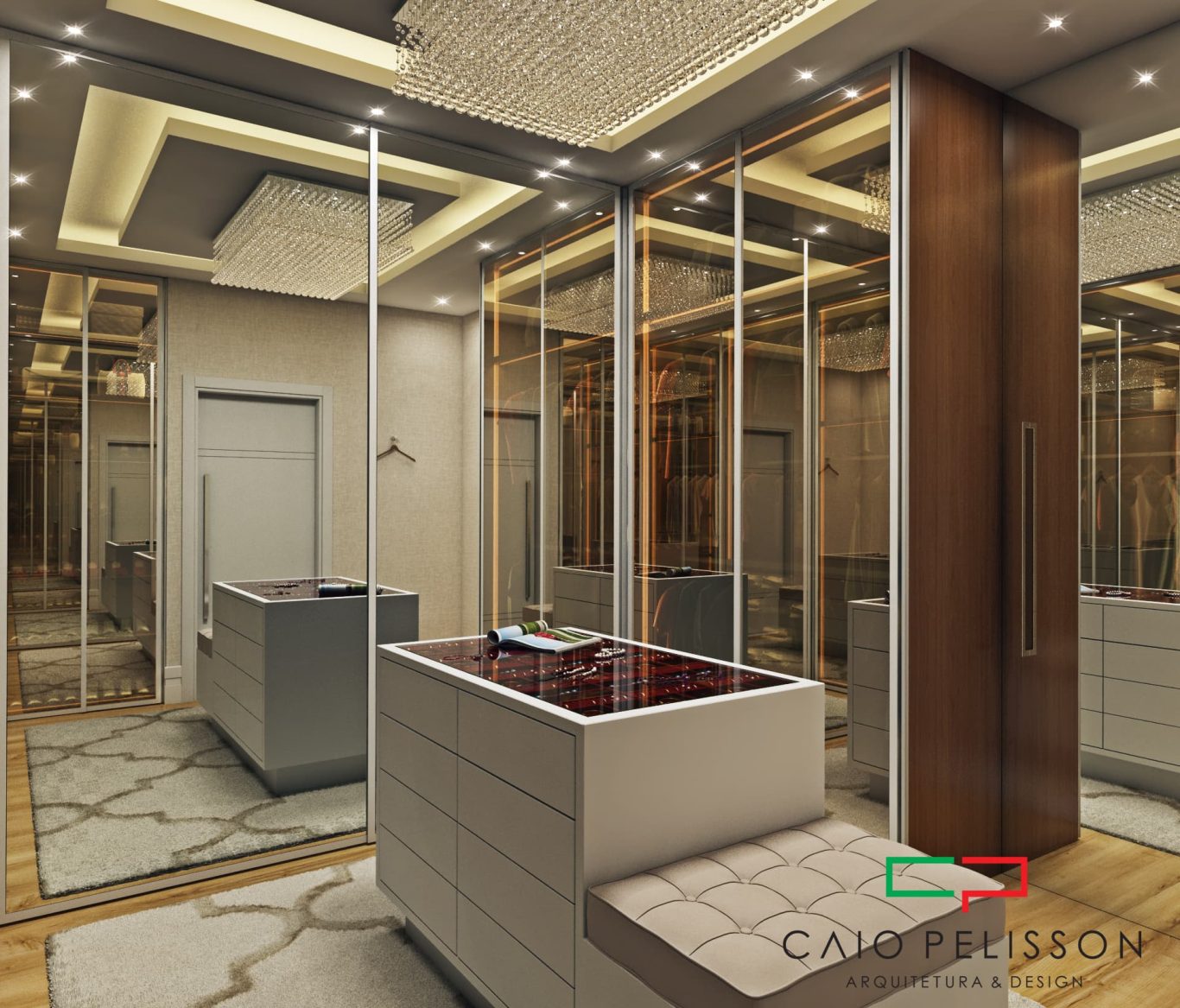 Closet Elegante com Portas de Vidro e Bancada Central