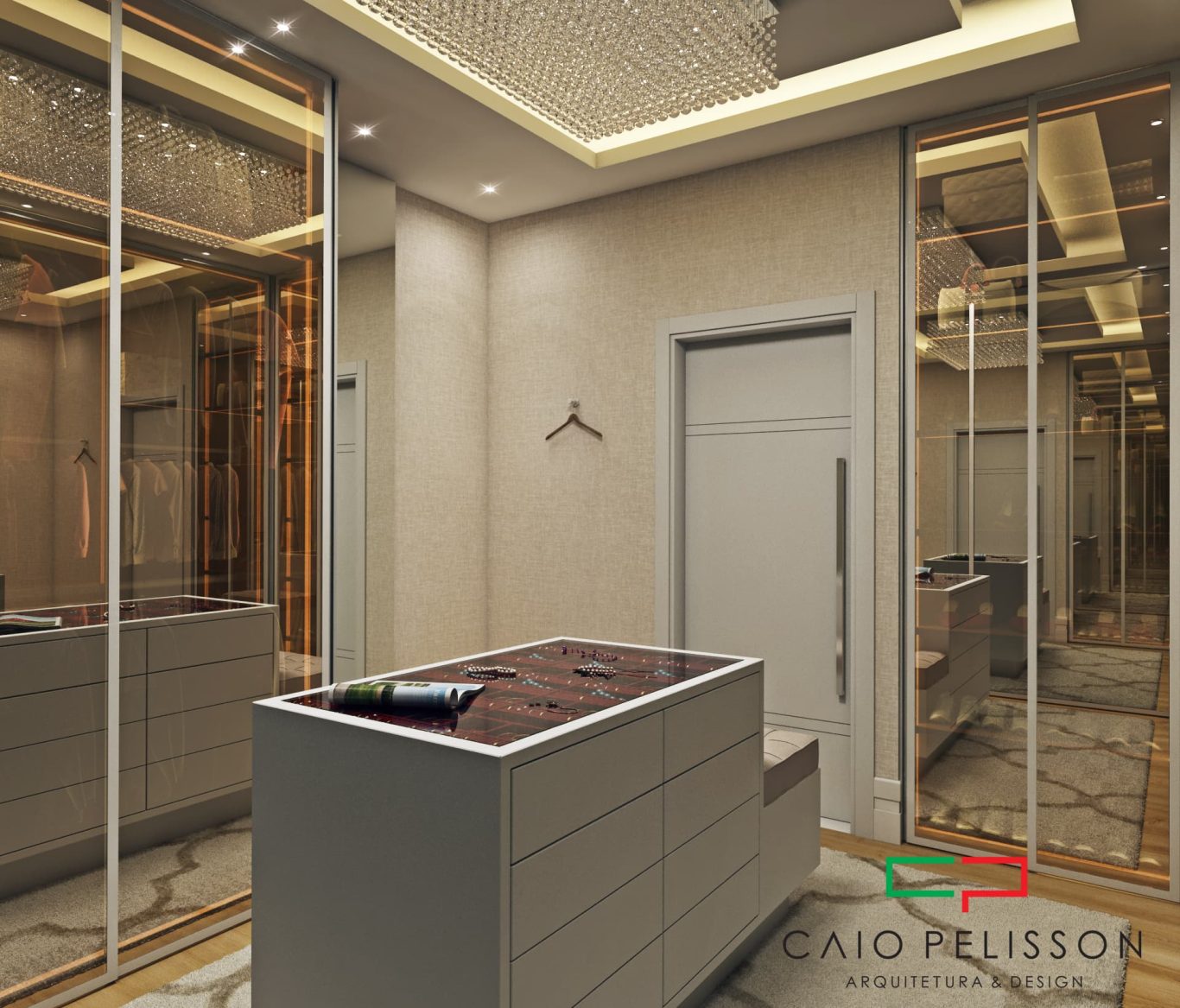 Closet Estilo Neoclássico com Armários Espelhados e Iluminação Embutida