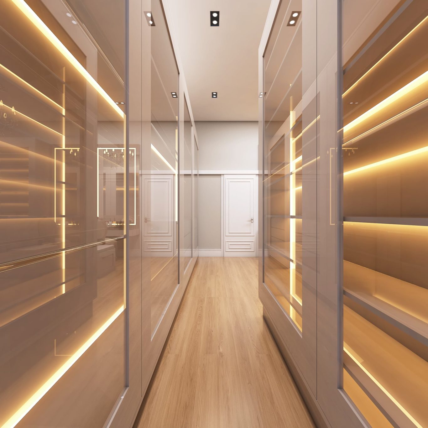 Closet Estilo Neoclássico com Portas Espelhadas e Iluminação Embutida