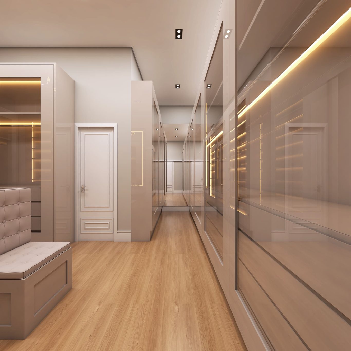 Closet Estilo Neoclássico com Portas Espelhadas e Iluminação Embutida
