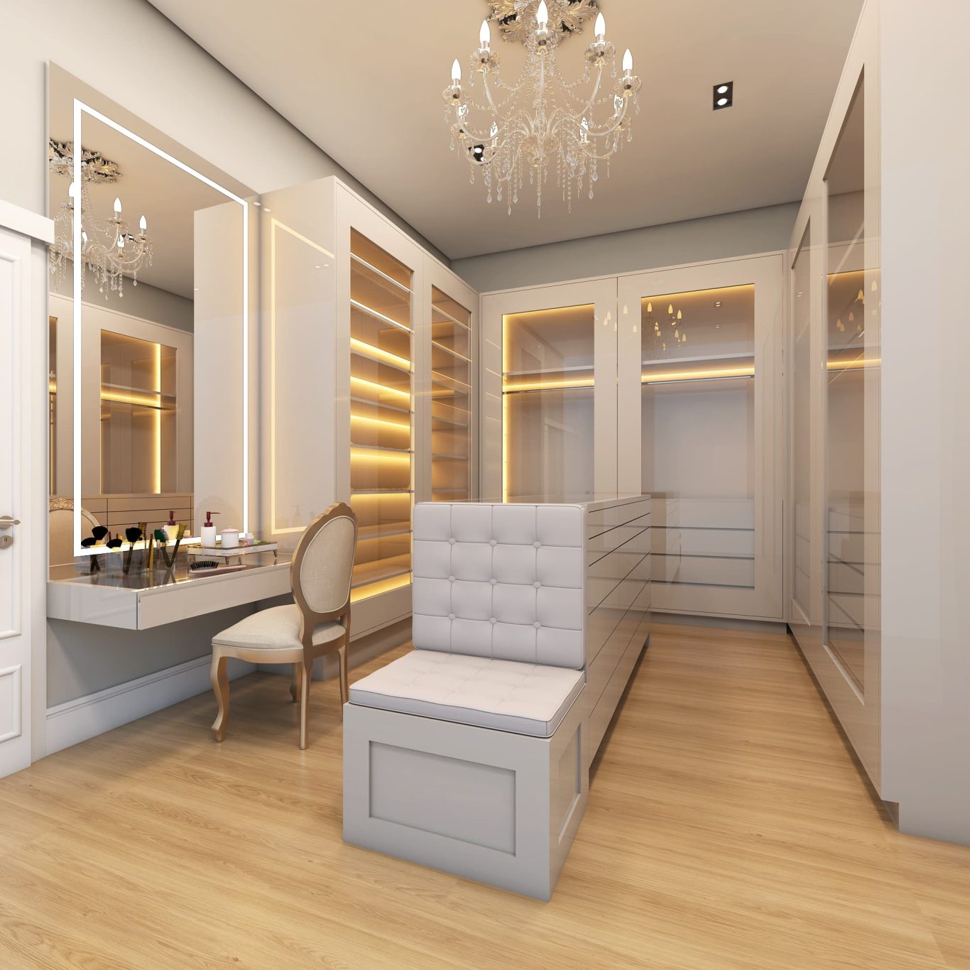 Closet Estilo Neoclássico com Portas Espelhadas e Iluminação Embutida