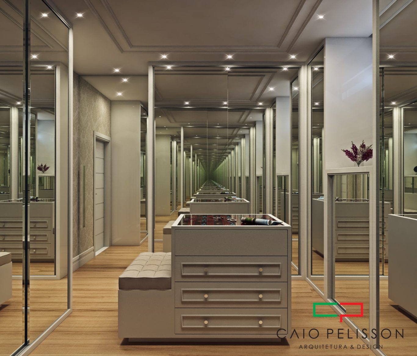 Closet Neoclássico com Armário com Espelho e Iluminação Embutida