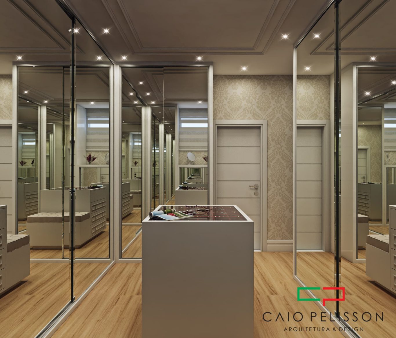 Closet Neoclássico com Armário com Espelho e Iluminação Embutida