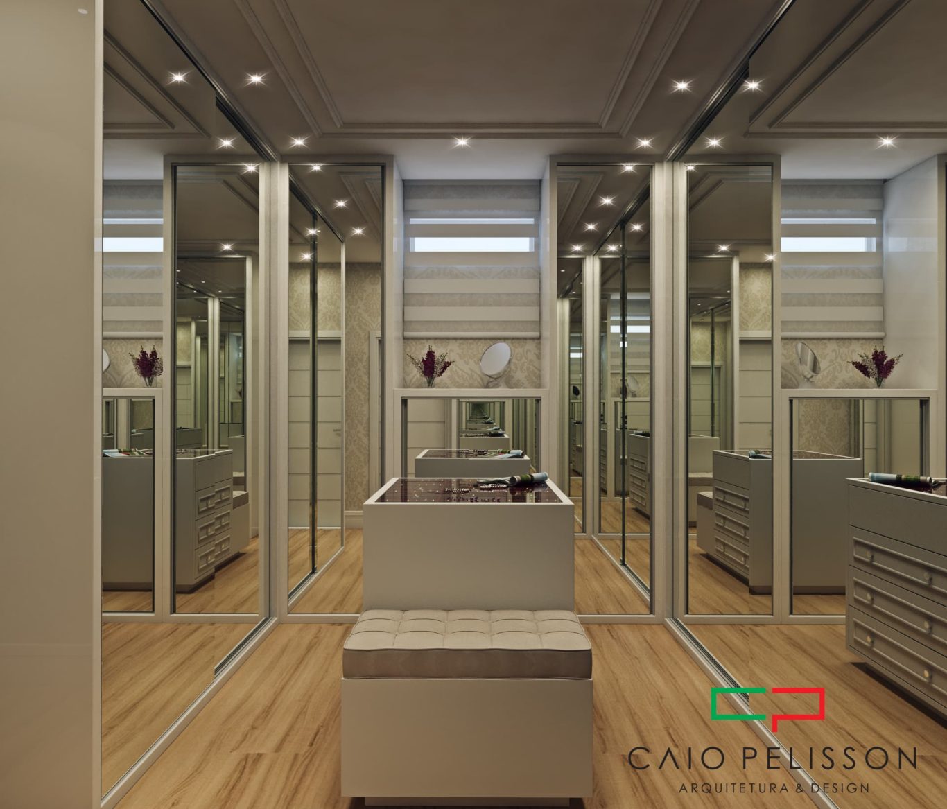 Closet Neoclássico com Armário com Espelho e Iluminação Embutida