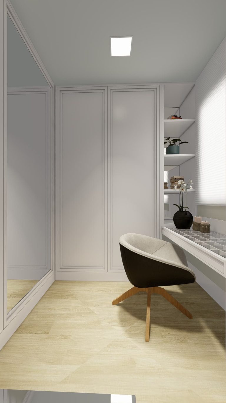 Closet Tradicional com Armários Brancos e Detalhes de Decoração