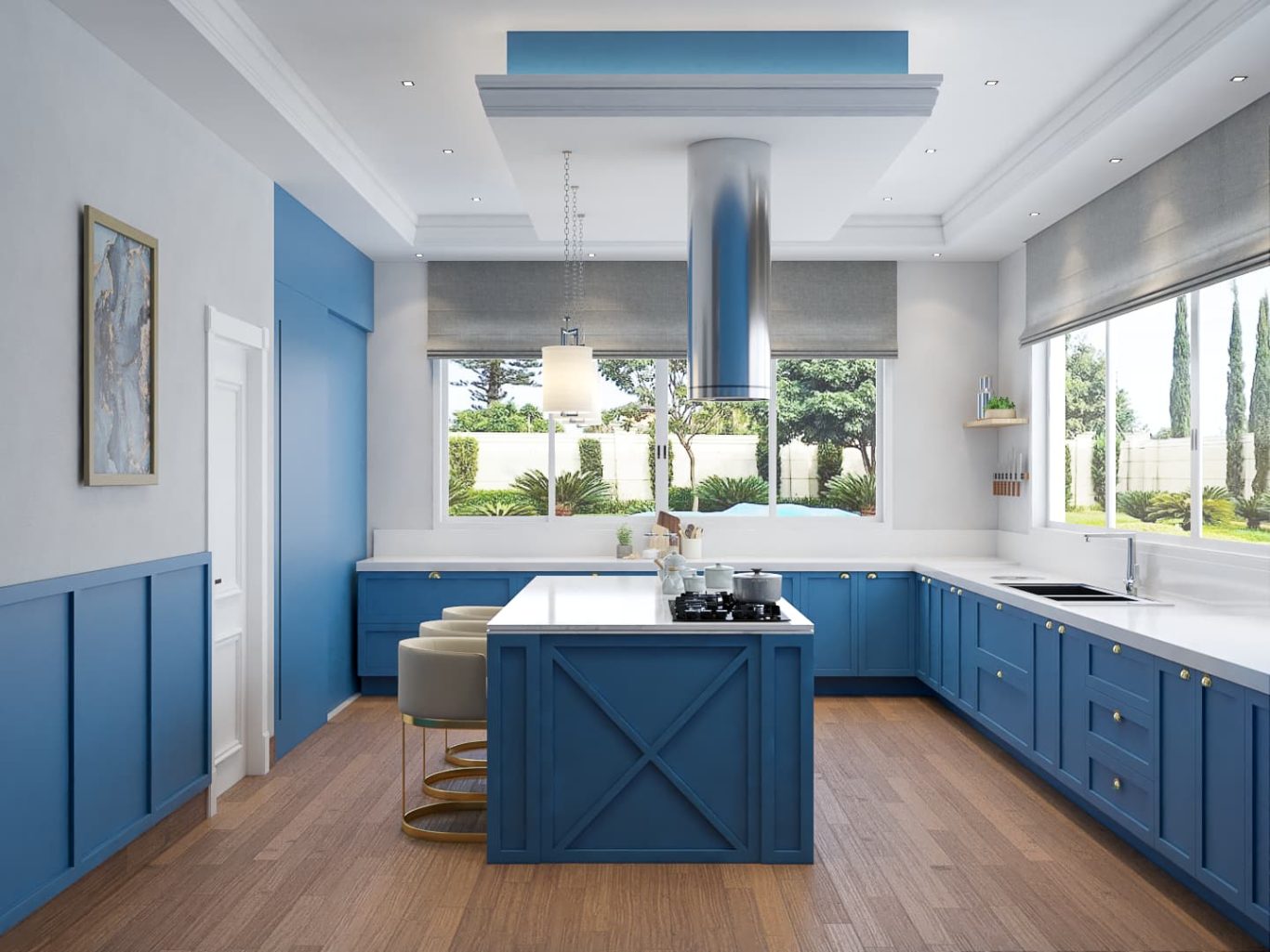 Cozinha Clássica Azul com Bancada de Mármore Branco