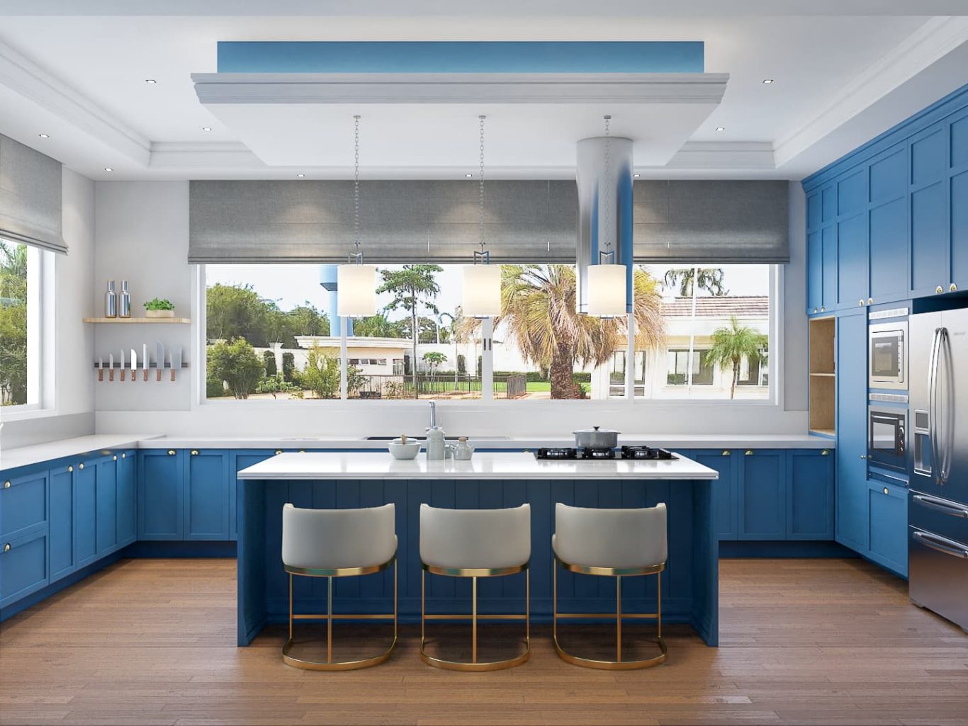 Cozinha Clássica Azul com Bancada de Mármore Branco