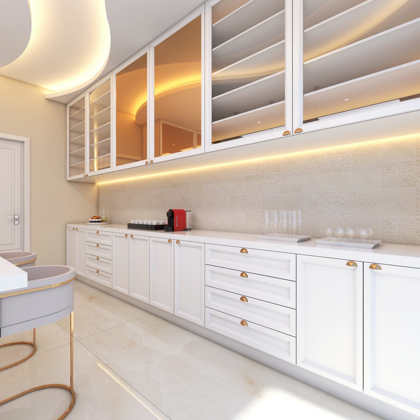 Cozinha Clássica com Balcão de Mármore Branco e Ilha Central