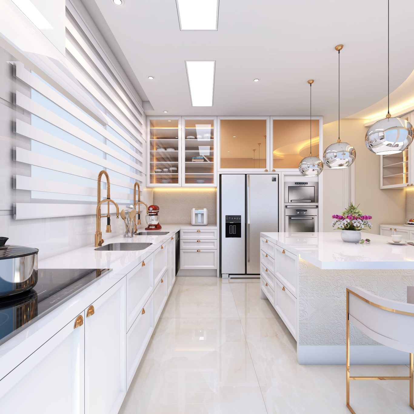 Cozinha Clássica com Balcão de Mármore Branco e Ilha Central