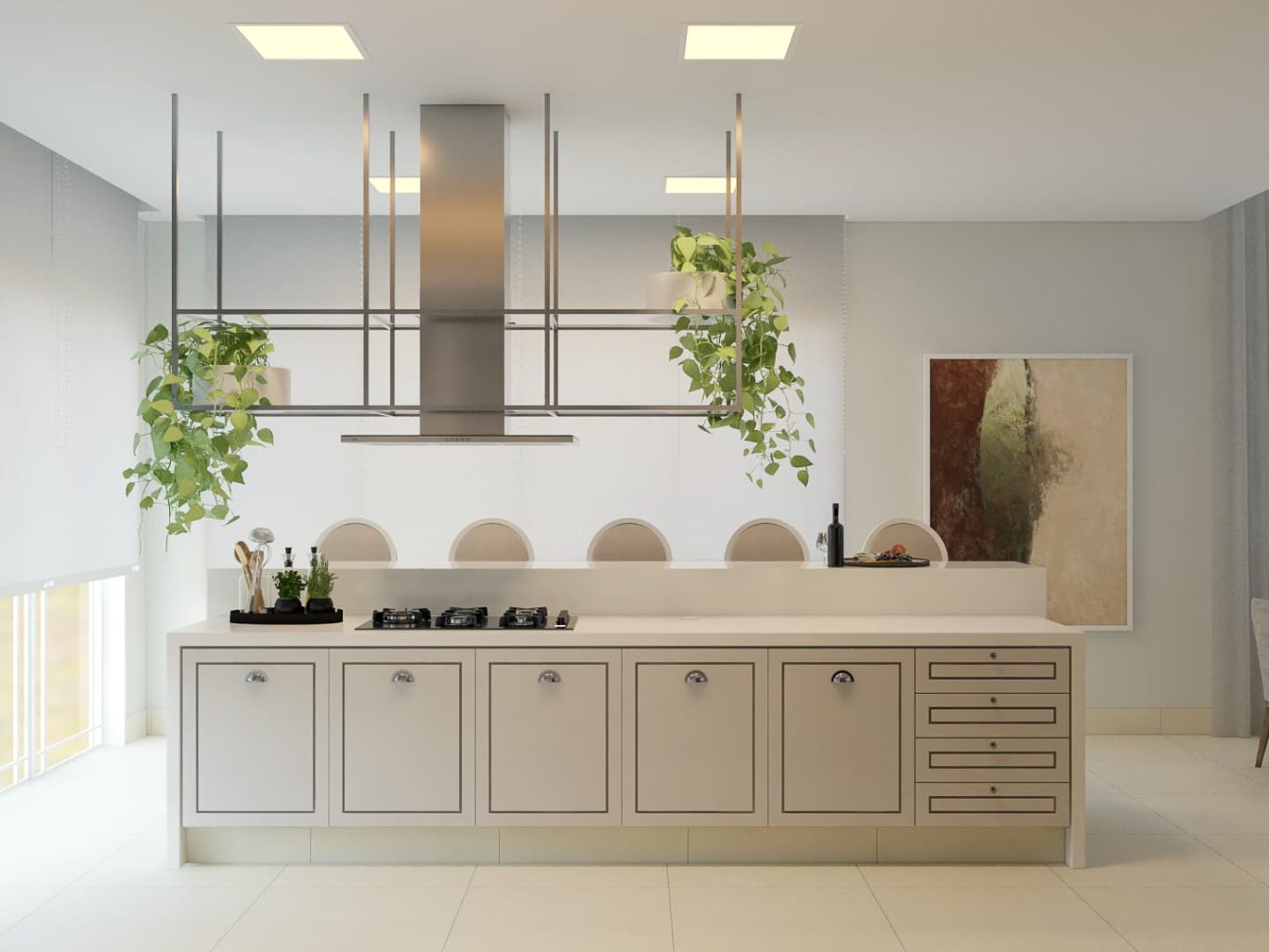 Cozinha clássica com ilha esculpida e bancada branca