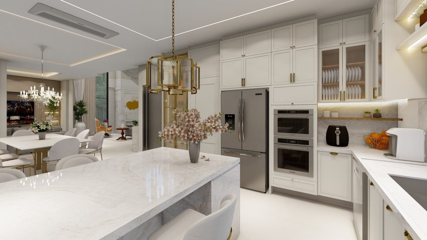 Cozinha Clássica em Conceito Aberto com Bancada em Mármore Branco