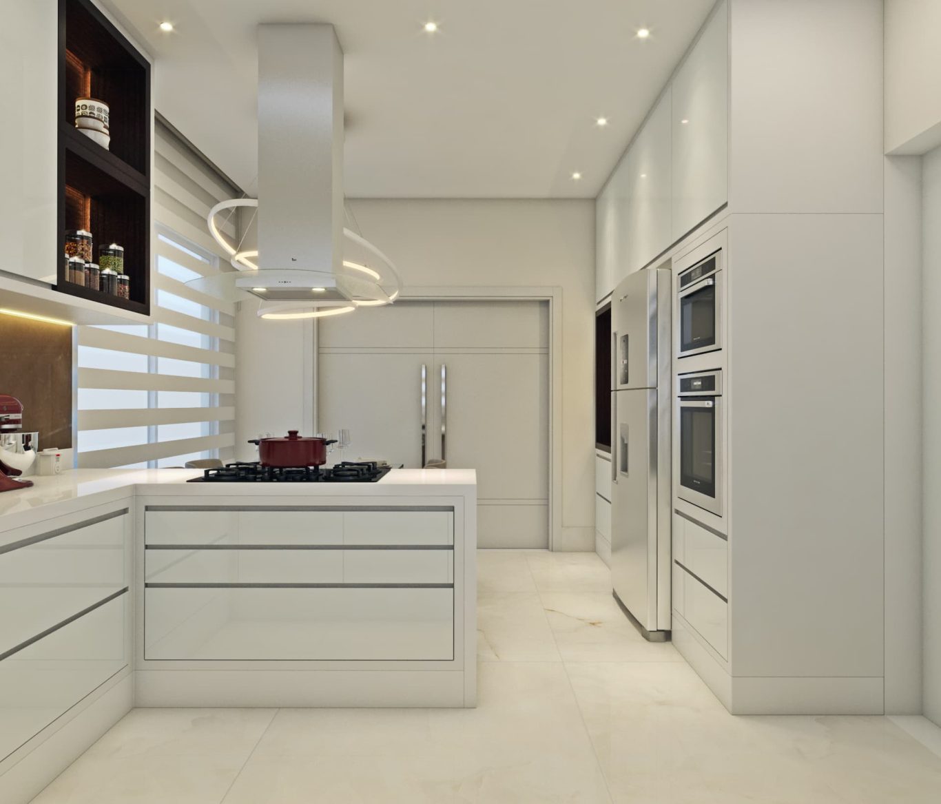 Cozinha com Bancada em Mármore Branco e Armários Estilo Clássico