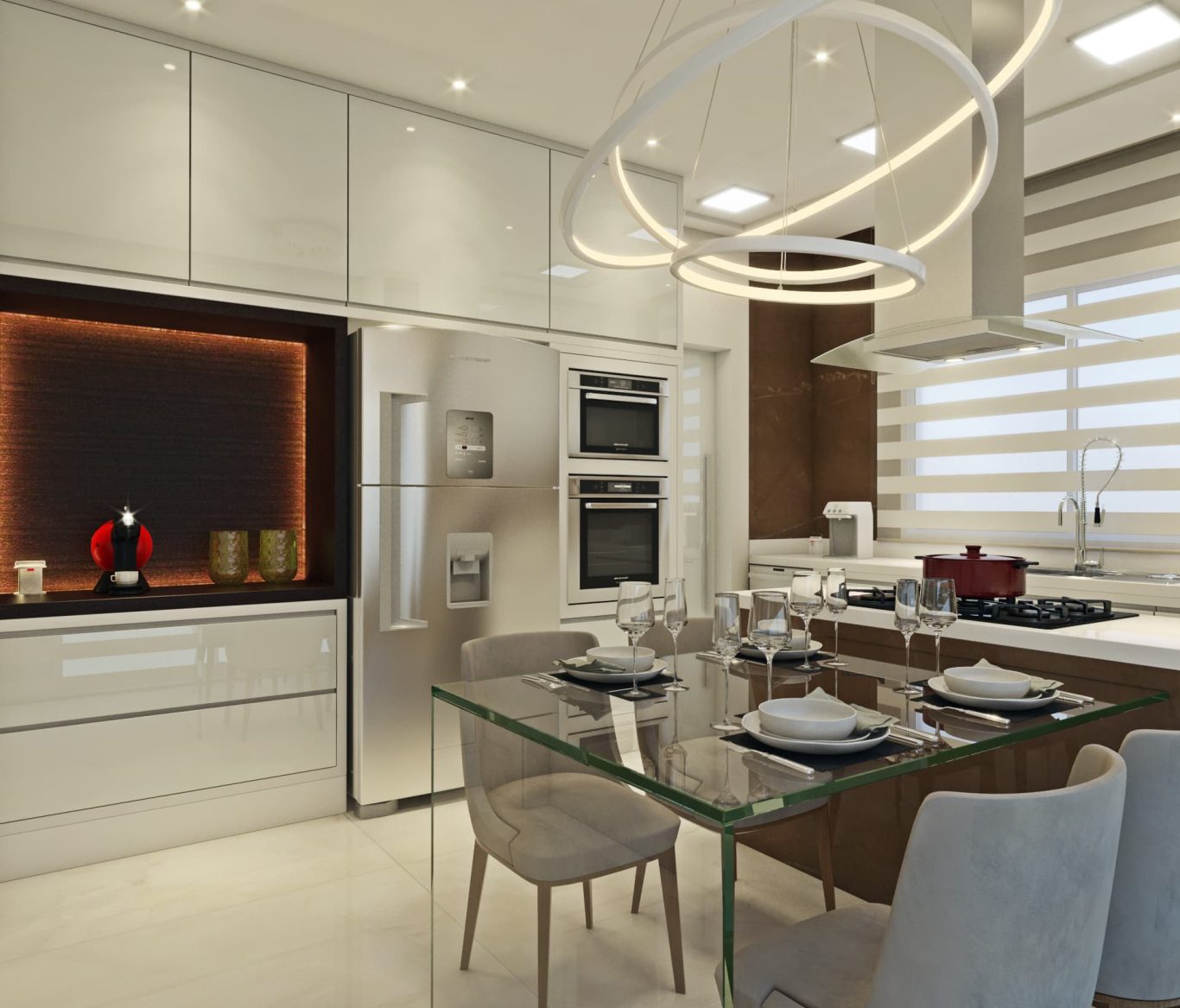 Cozinha com Bancada em Mármore Branco e Armários Estilo Clássico