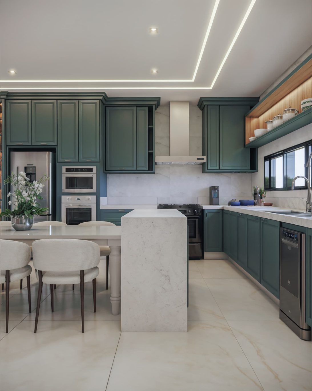 Cozinha com Design Clássico, Bancada de Mármore e Marcenaria Verde