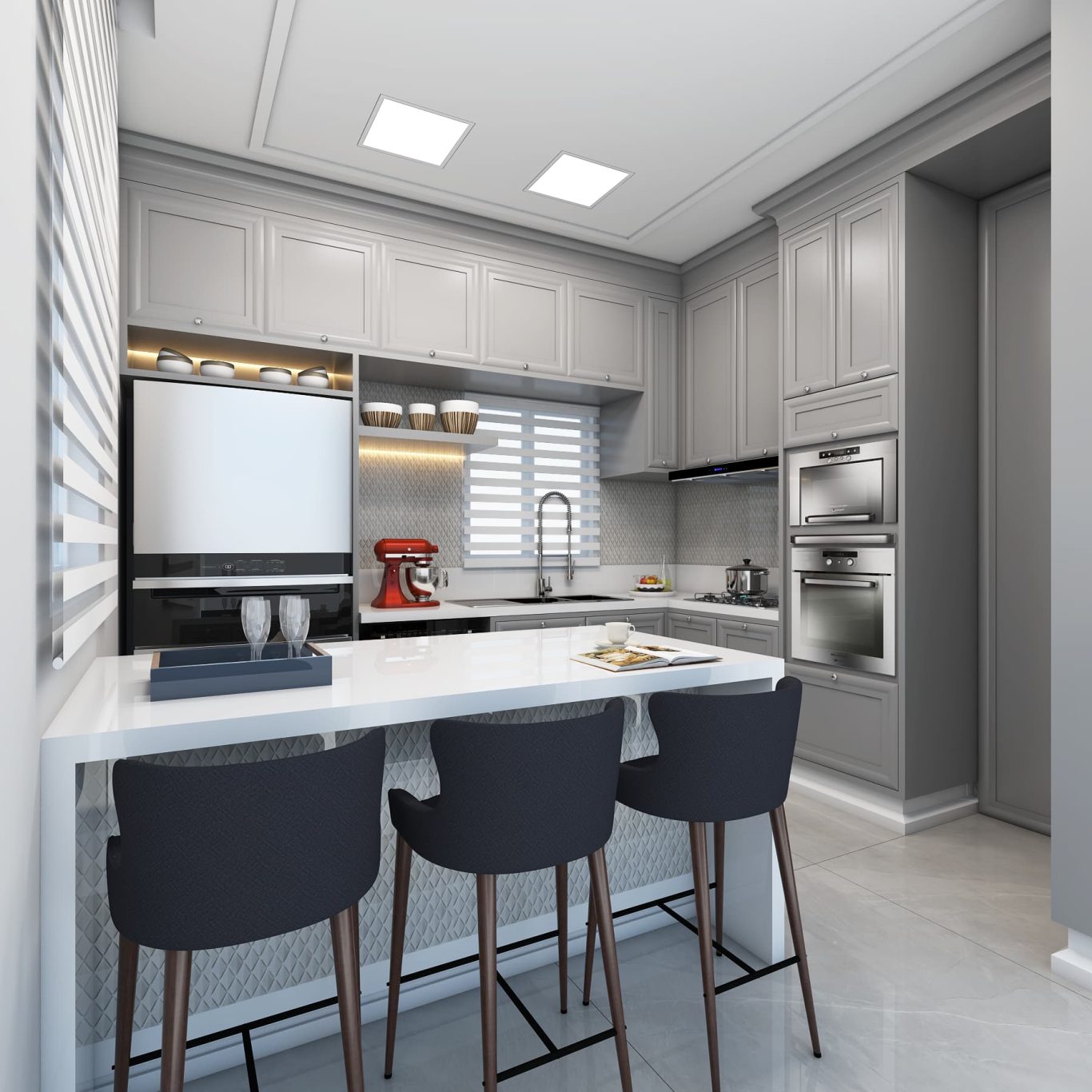 Cozinha com Ilha Esculpida e Bancada de Mármore Estilo Clássica