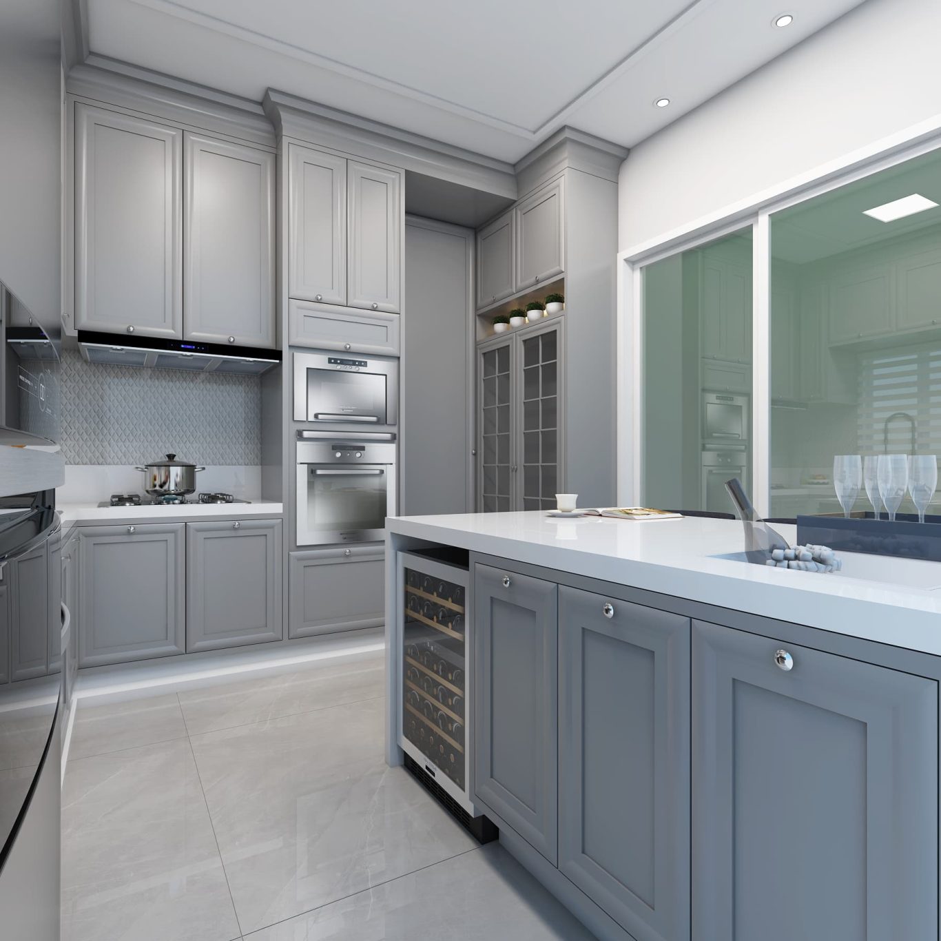 Cozinha com Ilha Esculpida e Bancada de Mármore Estilo Clássica