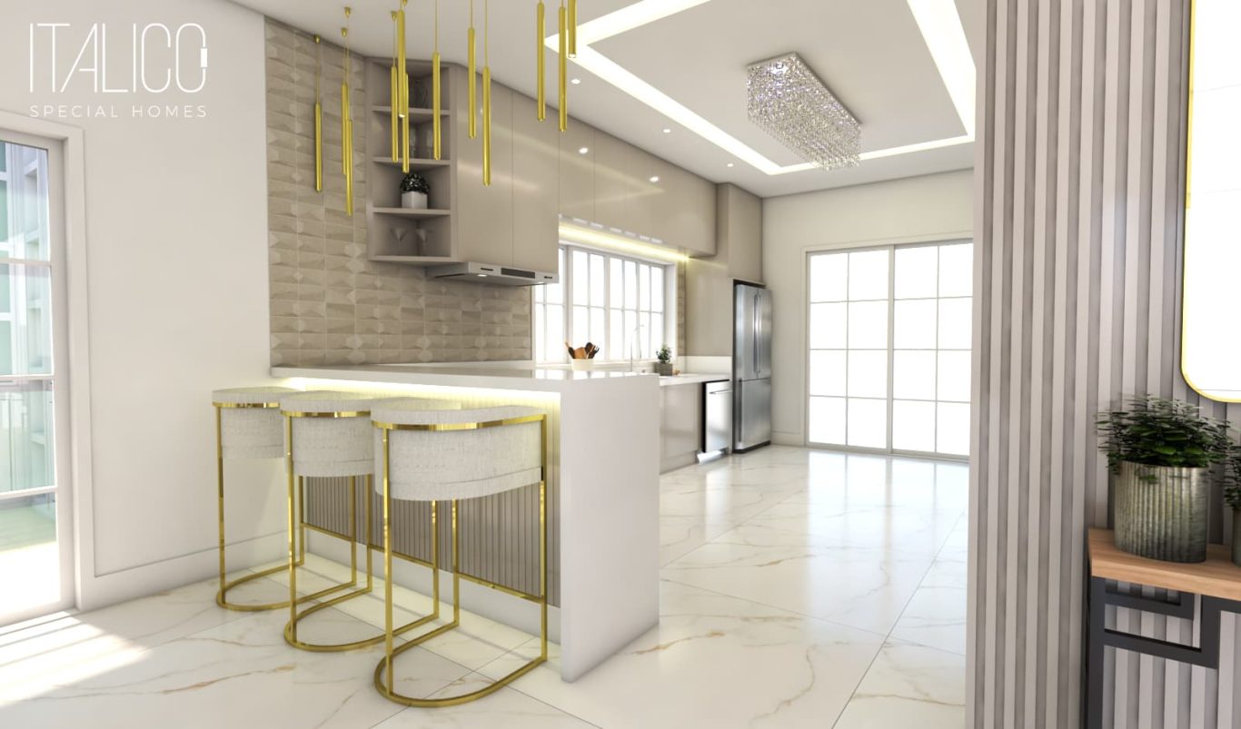 Cozinha Elegante com Bancada Clara e Pendentes Dourados