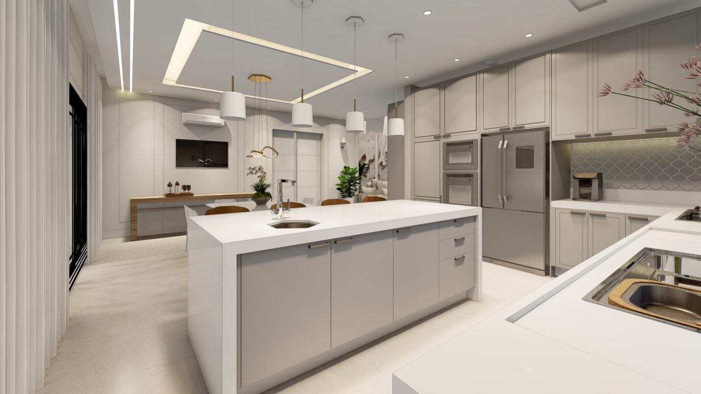 Cozinha Estilo Clássico com Acabamentos Detalhados e Bancada em Mármore