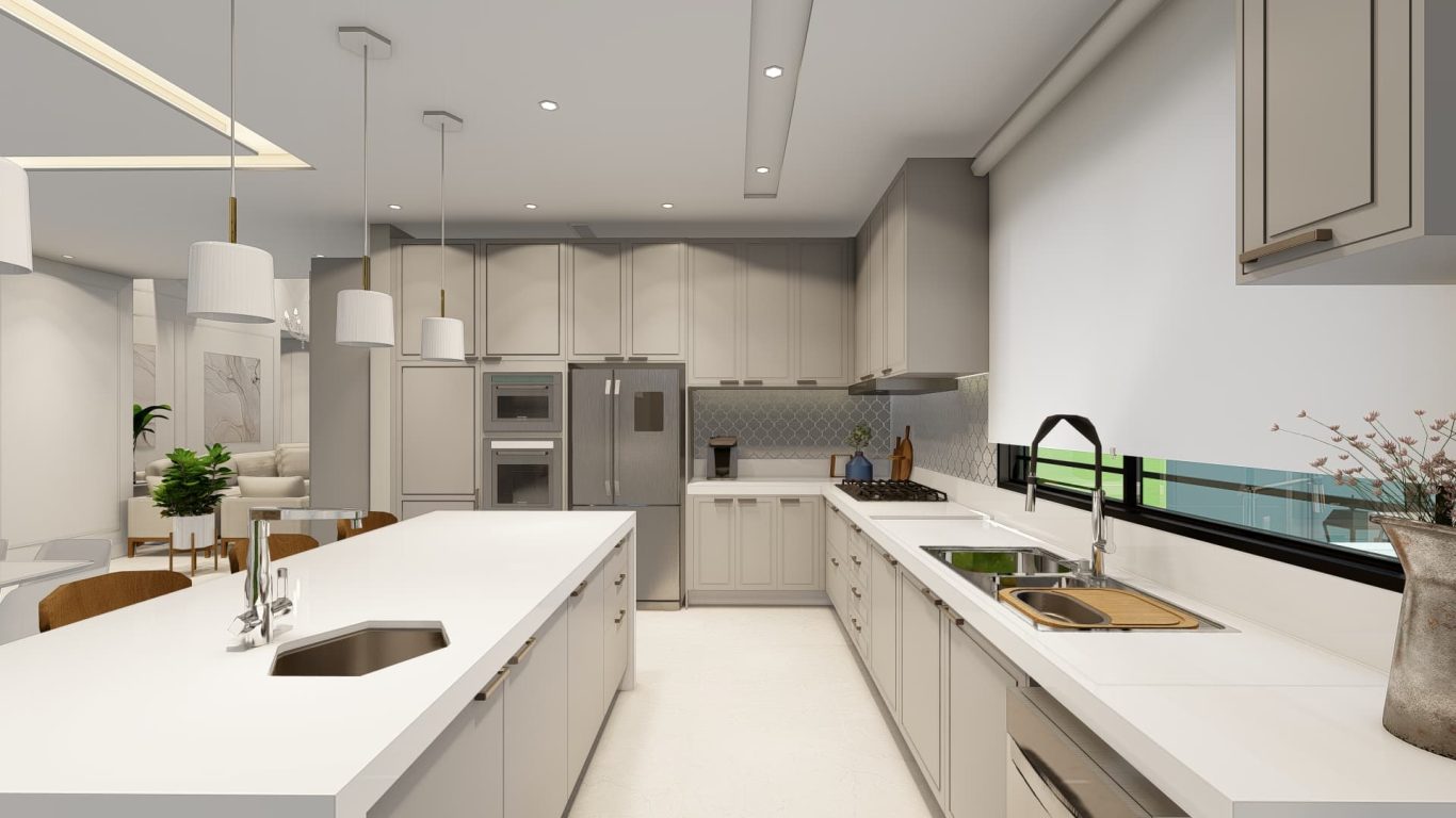 Cozinha Estilo Clássico com Acabamentos Detalhados e Bancada em Mármore