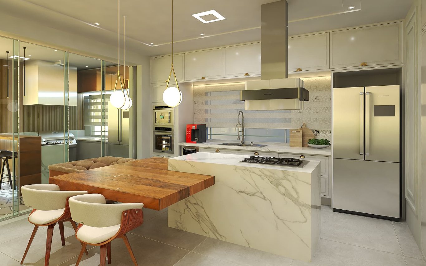 Cozinha Estilo Neoclássica com Detalhes em Mármore e Dourado