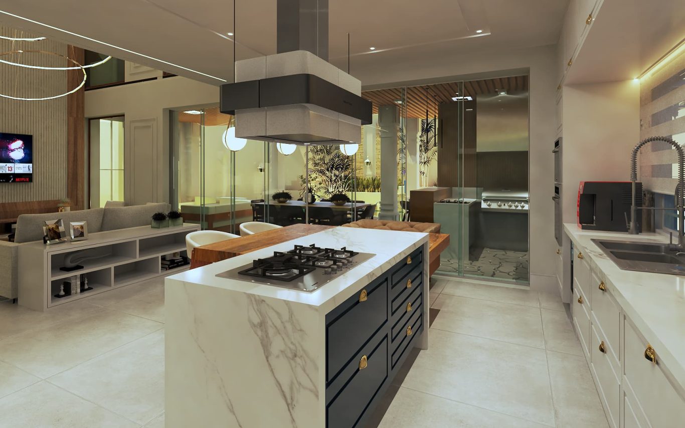 Cozinha Estilo Neoclássica com Detalhes em Mármore e Dourado