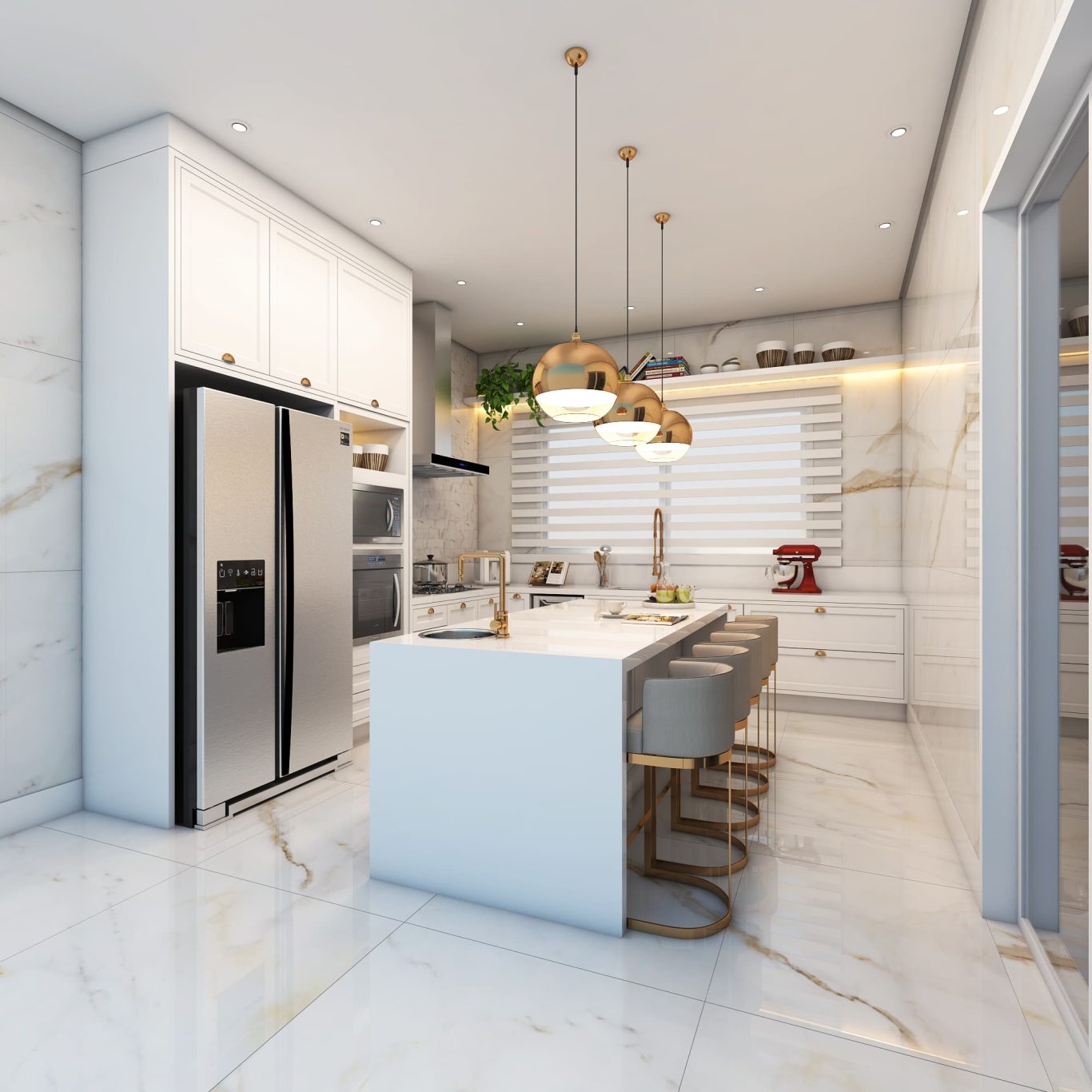 Cozinha Neoclássica com Acabamento em Mármore e Luminárias Pendentes Dourados