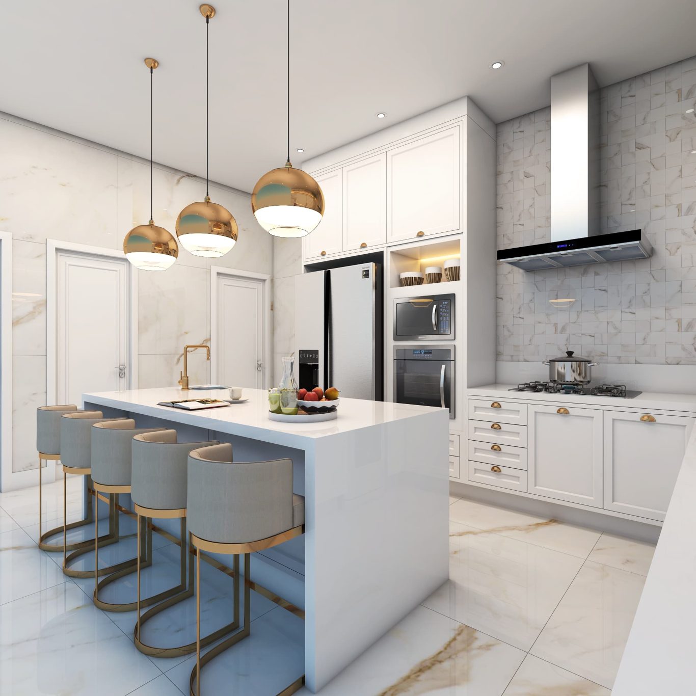 Cozinha Neoclássica com Acabamento em Mármore e Luminárias Pendentes Dourados