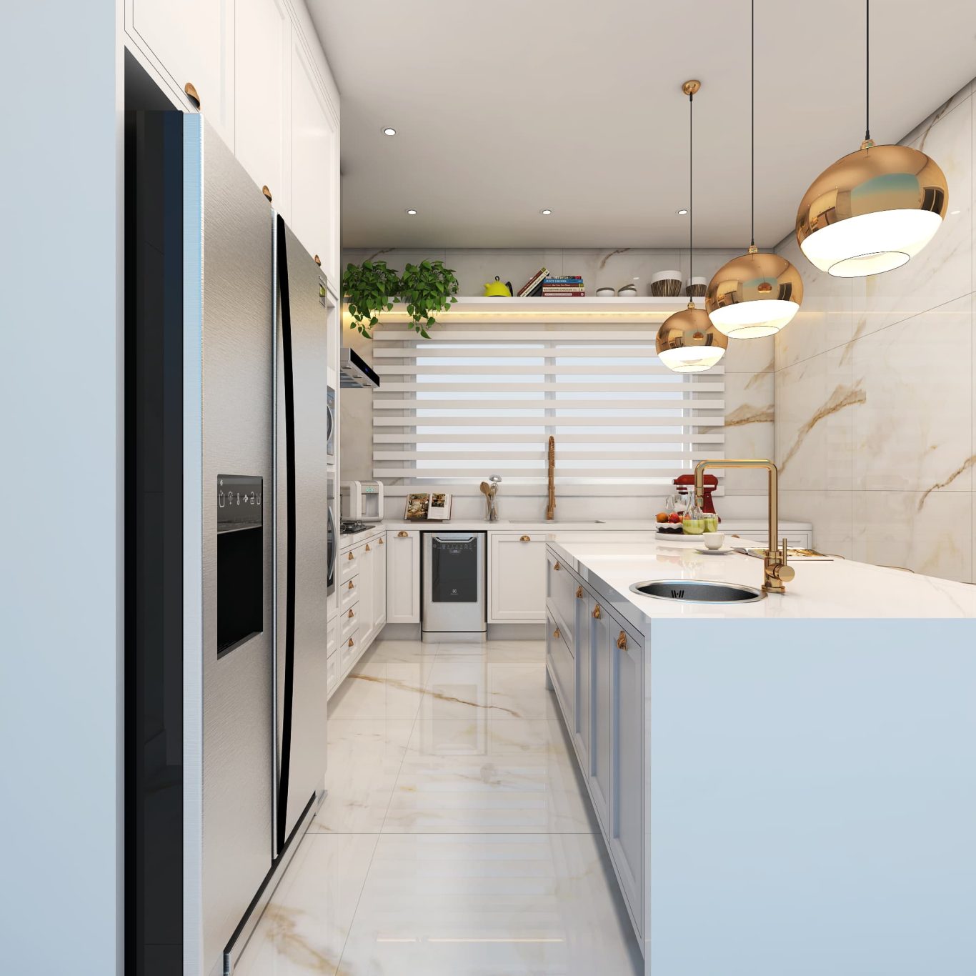 Cozinha Neoclássica com Acabamento em Mármore e Luminárias Pendentes Dourados